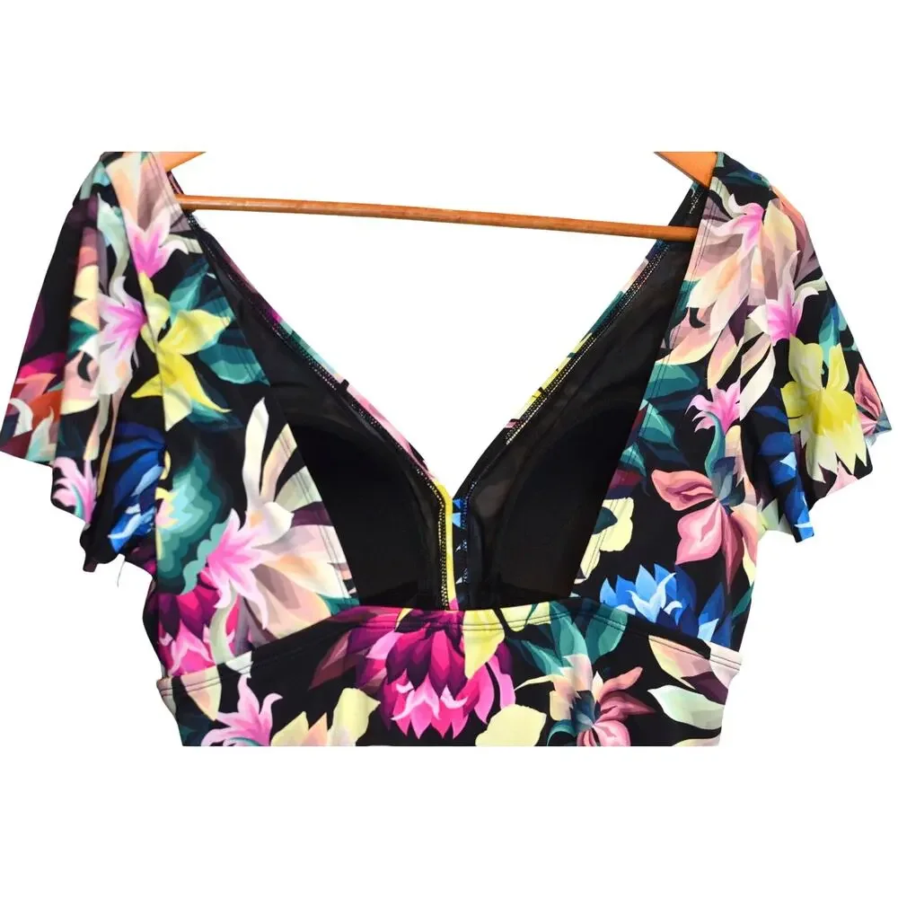 Swim Solutions Women's Floral-Print Flutter-Sleeve One-Piece Swimsuit - Picture 6 of 7